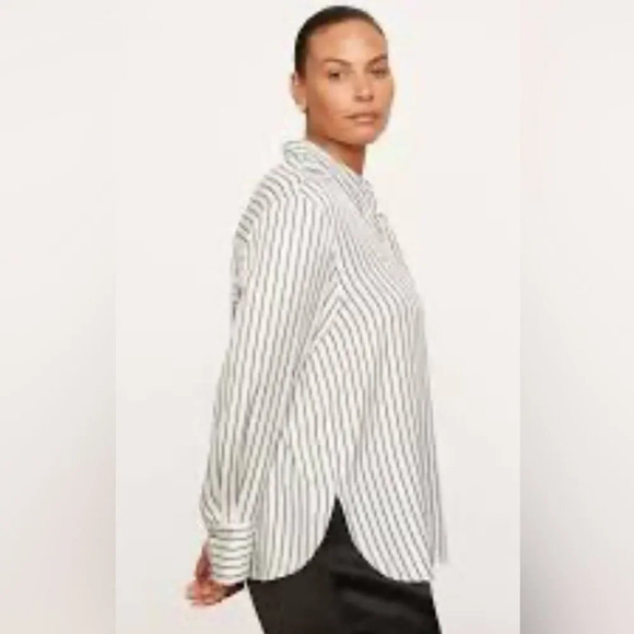 Vince. Silkblend stripe hidden front placket long sleeve standup collar blouse - Picture 1 of 10
